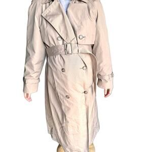 London Towne Women’s Trench Coat Size 12 Reg Beige Belted Double Breasted Lining